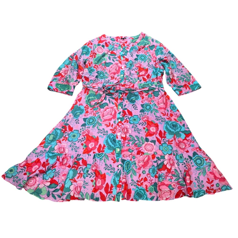 Talbots Plus Floral Tiered Midi Dress Women's 22W Pink Button Front 3/4 Sleeve